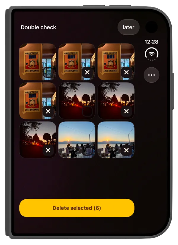 Double Check on a folded iPhone Duo, with photos marked for deletion in a single review grid.