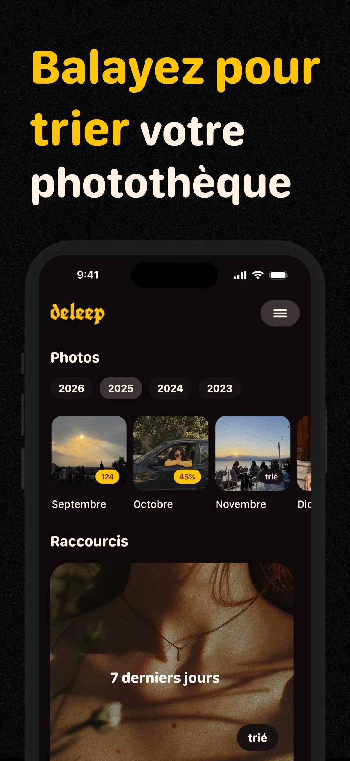 Le choix des mois et des collections de photos dans deleep sur iPhone.
