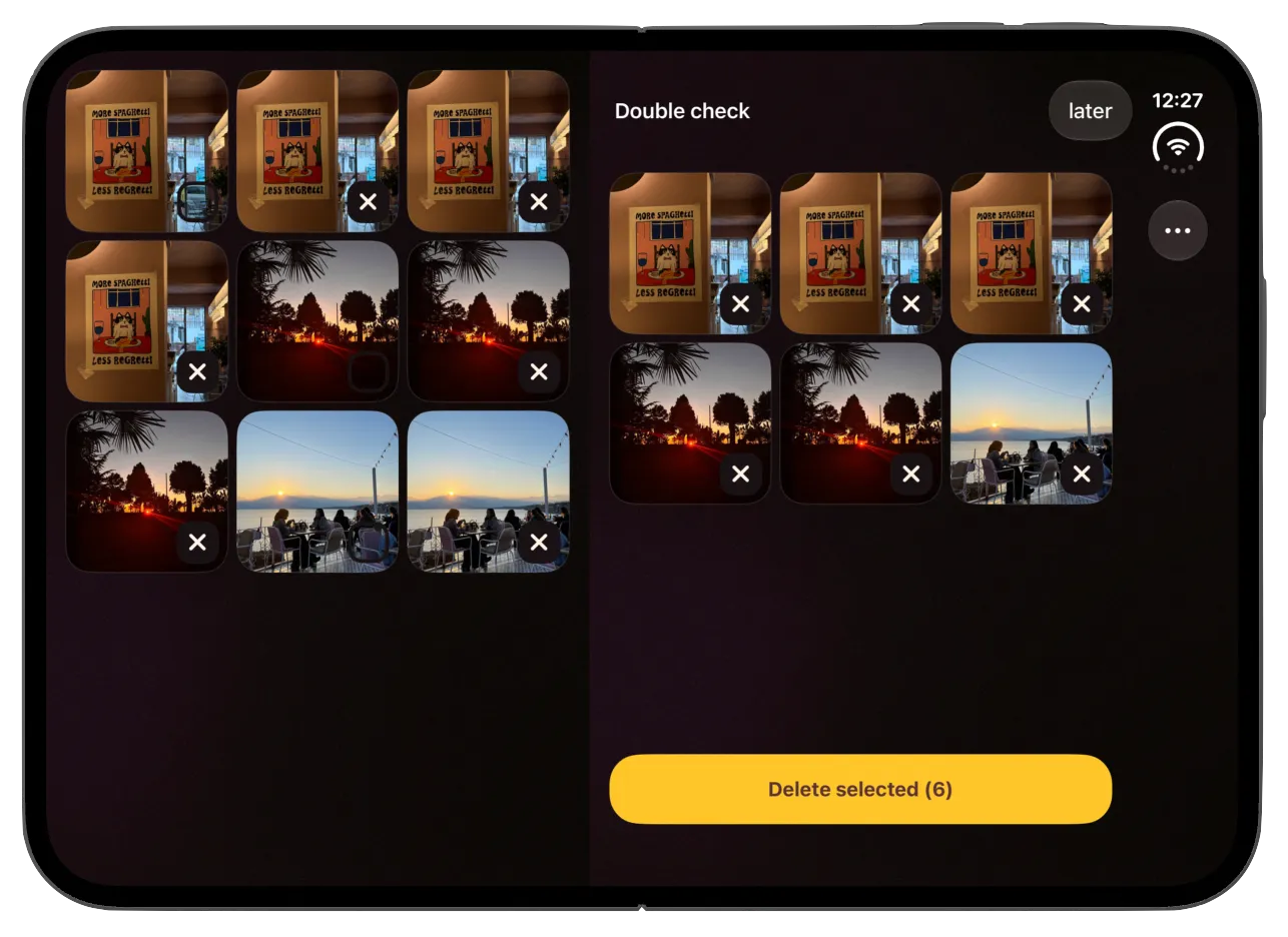 The same Double Check session on an unfolded iPhone Duo, with all reviewed photos on the left and photos marked for deletion on the right.