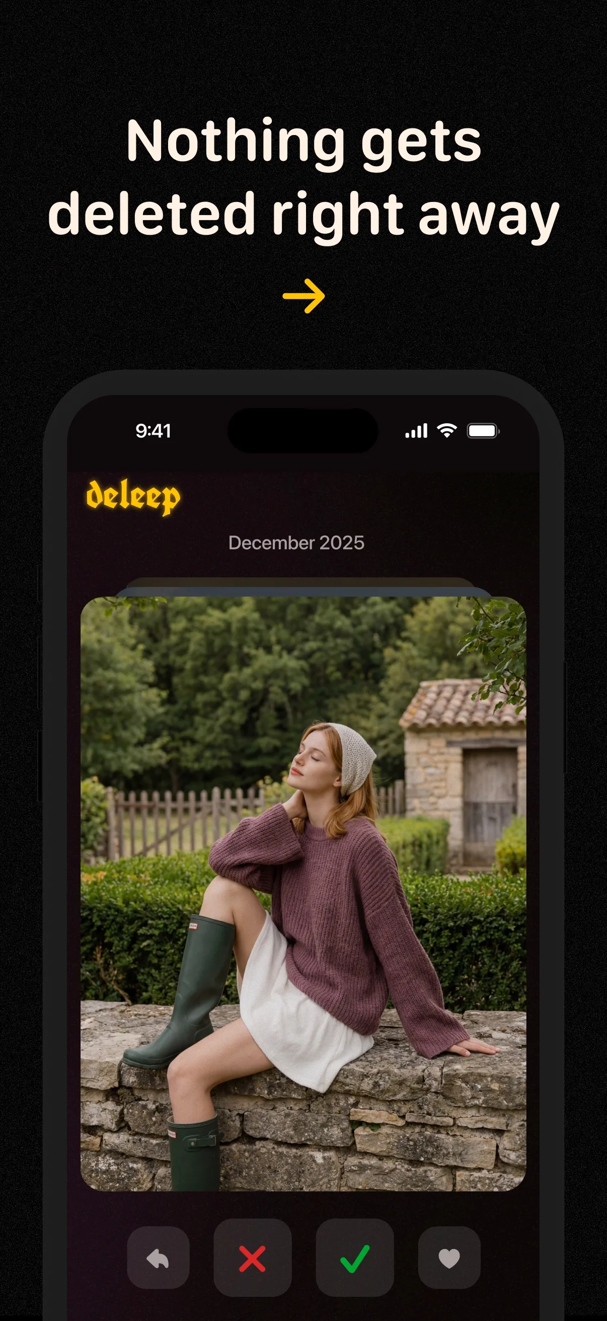 Photo sorting with deleep on iPhone, shown in an App Store screenshot.
